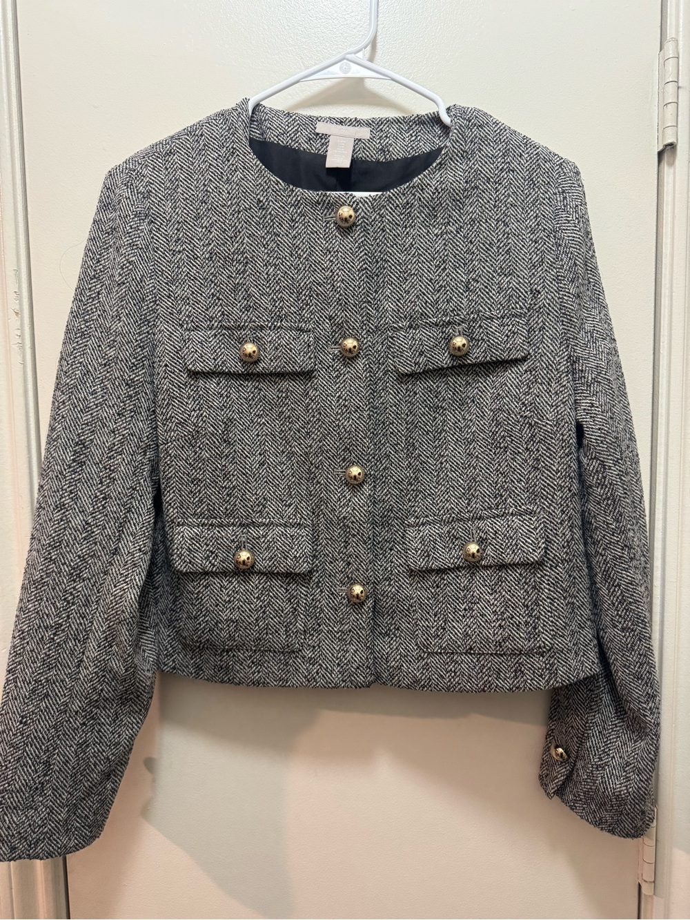 H&M Black & White Herringbone Collarless Crop Blazer with Gold Buttons